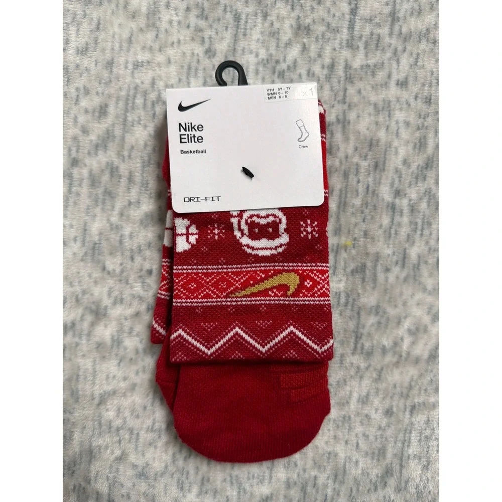 Nike Elite Basketball Crew Socks Red White Holiday Fair Isle SX7866-687 Mens 6-8